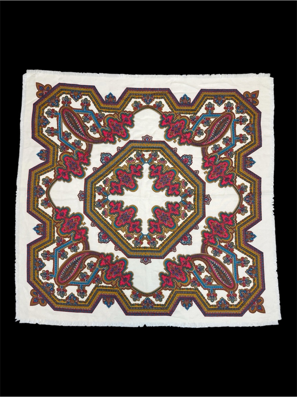 Paisley Ornate Boho Raw Hem Fringe Classic Square Scarf 31”X 31”